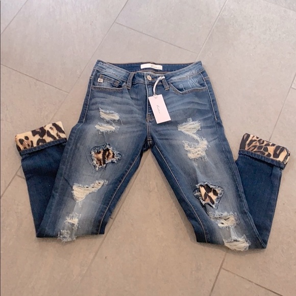 KanCan Denim - KanCan denim distressed leopard fabric jeans